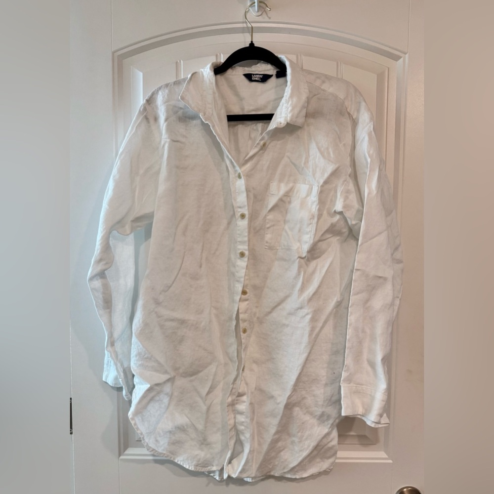 Lands' End White Casual Button Down Linen Shirt Blouse Layering Summer